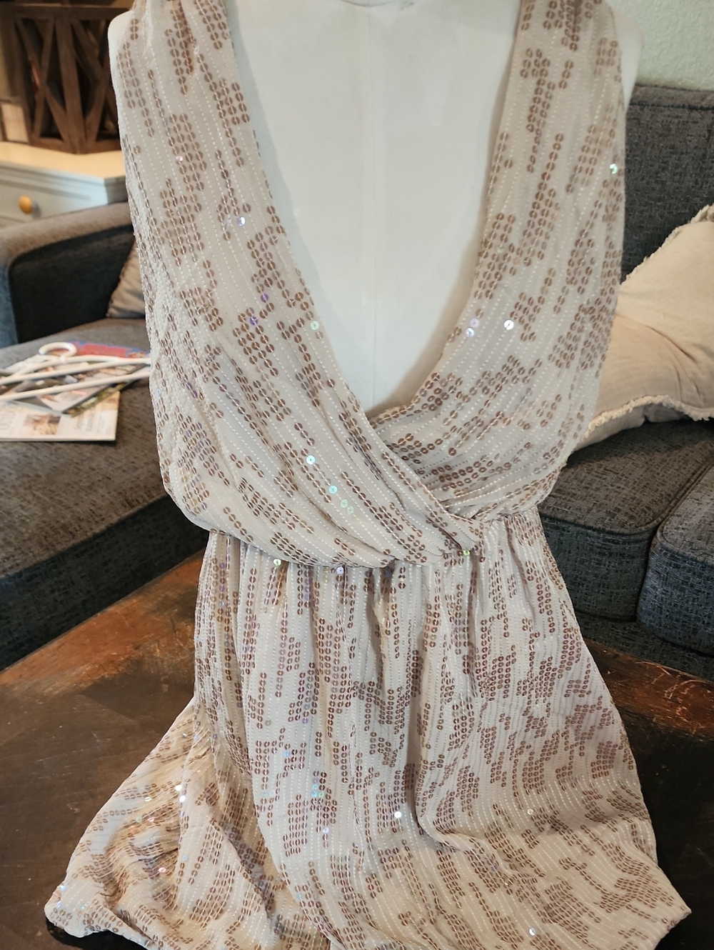 Express Champagne Sequin Backless Wrap Dress